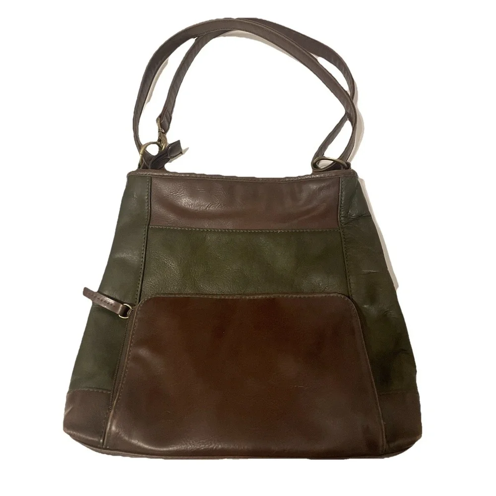 Tignanello Olive Brown Medium Shoulder Bag Hobo Purse Brass‎ Zip Vintage